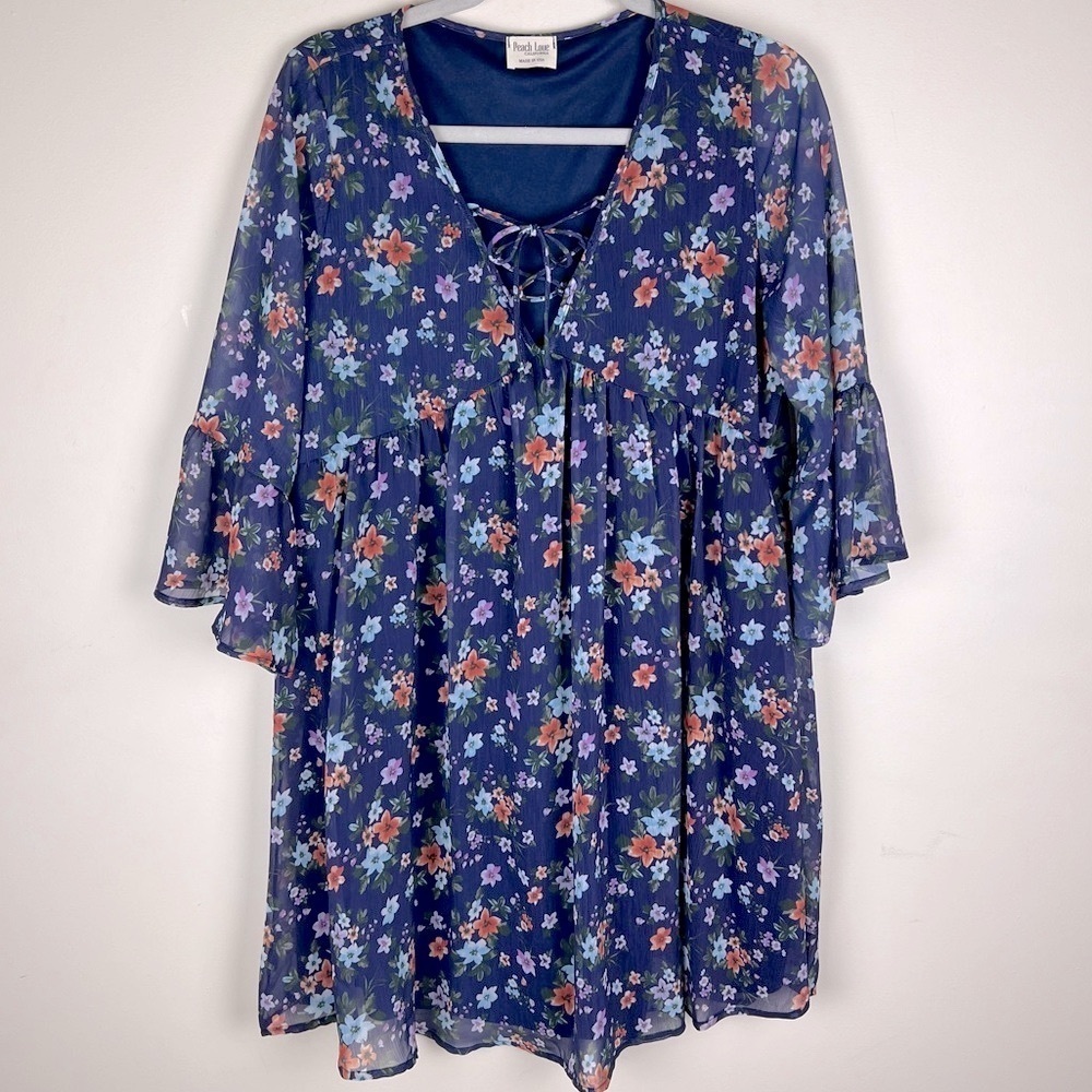 Peach Love California Boho Chic Babydoll Cottagecore Floral Mini Dress Blue | M
